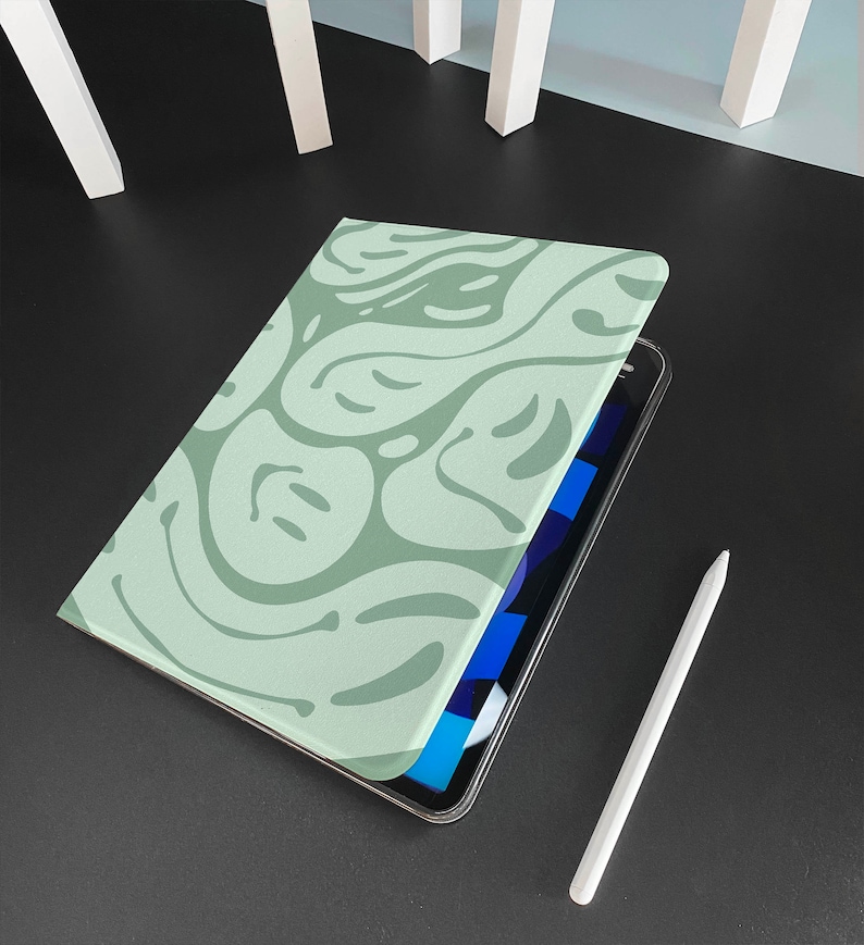 Gray Green Smileys iPad Smart Case build-in Apple Pencil Holder Pencil Holder For iPad 9, iPad Mini 6, iPad Pro 2021, iPad Air 4 5, 2019 image 7
