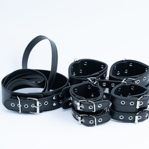 Black double strap bondage kit, Leather Restraints set, luxury black gear set, handcuffs, ankle cuffs, collar and leash