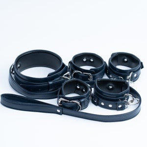 premium Navy blue set, bondage kit, Leather Restraints set, handcuffs, ankle cuffs, collar and leash