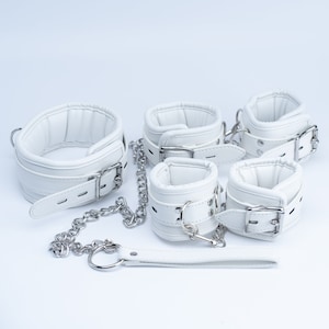 Premium White bondage kit, Leather Restraints set, handcuffs, ankle cuffs, collar and leash