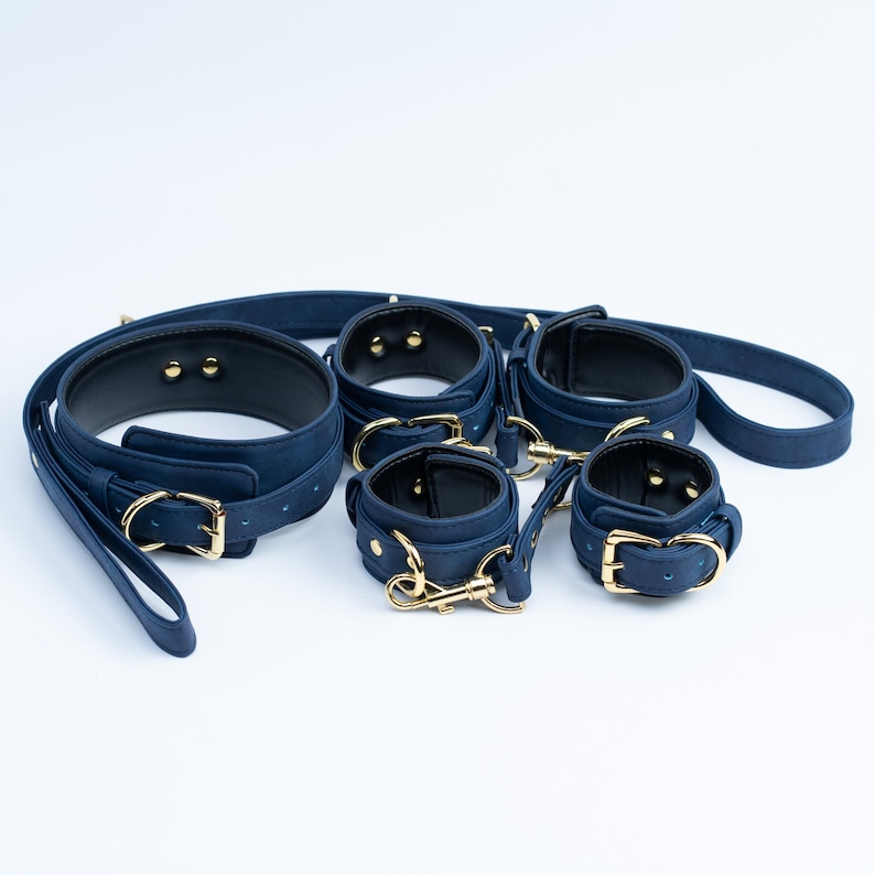 premium Navy blue set, bondage kit, Leather Restraints set, handcuffs, ankle cuffs, collar and leash 