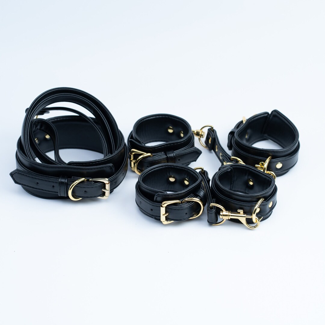 Unisex Bondage Restraints Top Grain Blue & Black Leather Full Set of 7 And 5 - REST7-BLU-BLK