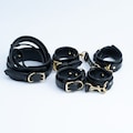 premium Black set, bondage kit, Leather Restraints set, handcuffs, ankle cuffs, collar and leash, gold hardware product logo