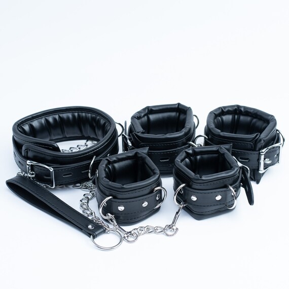 Padded Bondage Set,Leather Collar,Leash,Handcuffs  Y18102405 Soft Padded Bondage Kit Black PU Leather Hands  main image 3
