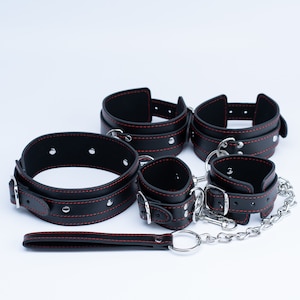 Black Restraints kit, black set with red line,  Leather Restraints set, handcuffs, ankle cuffs, collar and leash, gold hardware