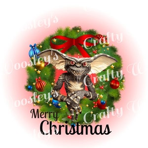May include: A Christmas wreath with a green base, red ribbon, and gold and red ornaments. A small, furry, gray creature with red eyes is peeking out from behind the wreath. The text "Merry Christmas" is written below the wreath.