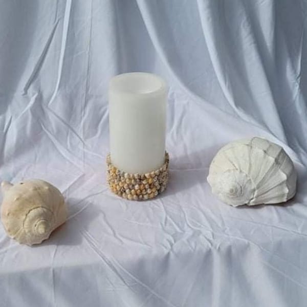 Candle White Seashells, Battery Flameless Timer, Beach decor, Ocean decor, Coastal theme