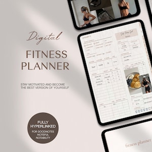 K&ouml;nnte beinhalten: Ein digitaler Fitnessplaner auf einem Tablet-Bildschirm mit Bereichen f&uuml;r t&auml;gliche Workouts, Schlafprotokolle, Mahlzeiten und Fitnessziele. Die Benutzeroberfl&auml;che enth&auml;lt Kontrollk&auml;stchen, Tabellen f&uuml;r &Uuml;bungss&auml;tze und den Text Digital Fitness Planner.