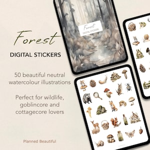 May include: A set of 50 digital watercolour stickers featuring forest creatures, plants, and objects. The stickers are in a neutral colour palette and are perfect for adding a touch of nature to your digital projects.