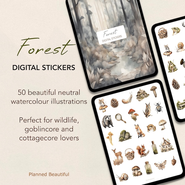 Forest Digital Stickers, Goblincore Goodnotes Digital Sticker Pack, Cottagecore Digital Planner Sticker Book, Wildlife iPad Digital Stickers