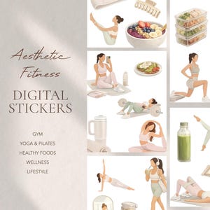 May include: Digital stickers with an aesthetic fitness theme. The image features illustrations of yoga poses, healthy foods, gym equipment, and wellness items. Text includes "Aesthetic Fitness" and "Digital Stickers."