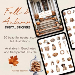 May include: Digital stickers featuring 50 cosy autumn illustrations in neutral colours. The illustrations include pumpkins, leaves, a wreath, a pie, a coffee cup, a fox, a squirrel, and more. The stickers are available in Goodnotes and transparent PNG file format.
