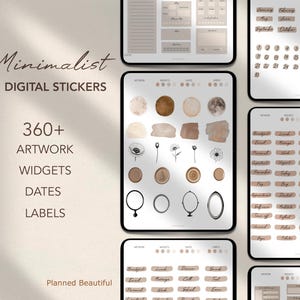 May include: A digital planner sticker set with over 360+ minimalist artwork, widgets, dates, and labels. The stickers are in shades of brown and beige with black outlines. The text "Minimalist Digital Stickers" is at the top of the image. The text "Planned Beautiful" is at the bottom of the image.