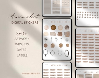 May include: A digital planner sticker set with over 360+ minimalist artwork, widgets, dates, and labels. The stickers are in shades of brown and beige with black outlines. The text "Minimalist Digital Stickers" is at the top of the image. The text "Planned Beautiful" is at the bottom of the image.