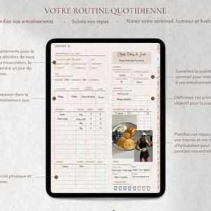 May include: Digital fitness planner on a tablet screen. The planner includes sections for daily workout planning, meal tracking, and hydration levels. The screen displays text in French, with exercise logs and a photo of a meal.