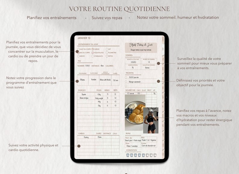 May include: Digital fitness planner on a tablet screen. The planner includes sections for daily workout planning, meal tracking, and hydration levels. The screen displays text in French, with exercise logs and a photo of a meal.