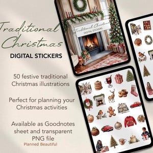 Tradizionale libro di adesivi digitali natalizi, foglio di adesivi digitali Festive Goodnotes, set di adesivi per pianificatore digitale, adesivi digitali per iPad