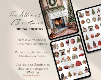 Traditionelles Weihnachts-Stickerbuch, festliches Goodnotes-Stickerblatt, digitale Planer-Stickerset, digitale Aufkleber für iPad
