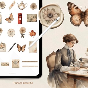 Pu&ograve; includere: Un'app di pianificazione digitale con un'estetica ad acquerello. L'app presenta una variet&agrave; di adesivi, tra cui fiori, farfalle, buste e una cassetta delle lettere. L'app presenta anche una nota scritta a mano con il testo "Planned Beautiful".