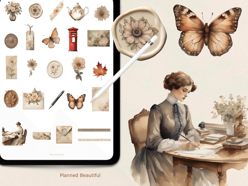 Pu&ograve; includere: Un'app di pianificazione digitale con un'estetica ad acquerello. L'app presenta una variet&agrave; di adesivi, tra cui fiori, farfalle, buste e una cassetta delle lettere. L'app presenta anche una nota scritta a mano con il testo "Planned Beautiful".