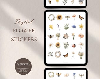 Flower Digital Stickers, Aesthetic Floral Digital Sticker Pack, Goodnotes Sticker Book, Digital Planner Stickers Sheet, iPad Penly PNG