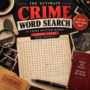 Könnte beinhalten: Das Buchcover von The Ultimate Crime Word Search zeigt roten und weißen Text, ein Buchstabenrätsel, eine Lupe, Tatortfotos und einen schwarzen Stift. Der Text lautet: Can you find them all? Solve the puzzle uncover the truth.