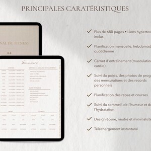 May include: A digital fitness journal displayed on a tablet, featuring a beige cover with the text "JOURNAL DE FITNESS". The tablet screen shows a detailed agenda and a summary page. Text highlights features like monthly planning, workout tracking, and meal planning.