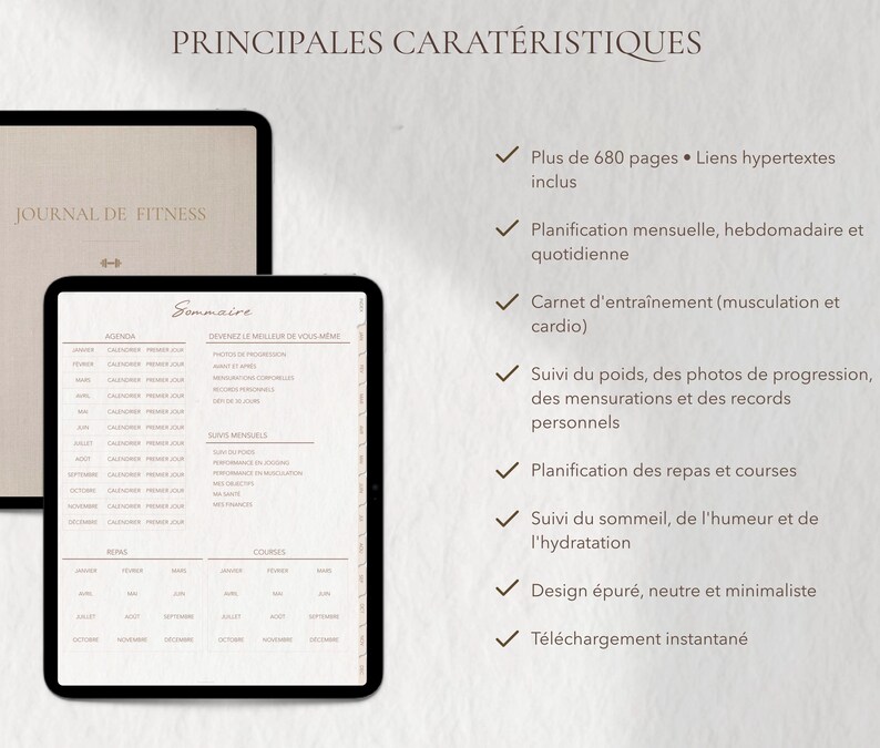 May include: A digital fitness journal displayed on a tablet, featuring a beige cover with the text "JOURNAL DE FITNESS". The tablet screen shows a detailed agenda and a summary page. Text highlights features like monthly planning, workout tracking, and meal planning.