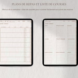 May include: Two digital tablets displaying meal planning and grocery list templates. The text at the top reads "Meal Plans and Grocery List". One tablet shows a weekly meal plan, the other a shopping list with categories.