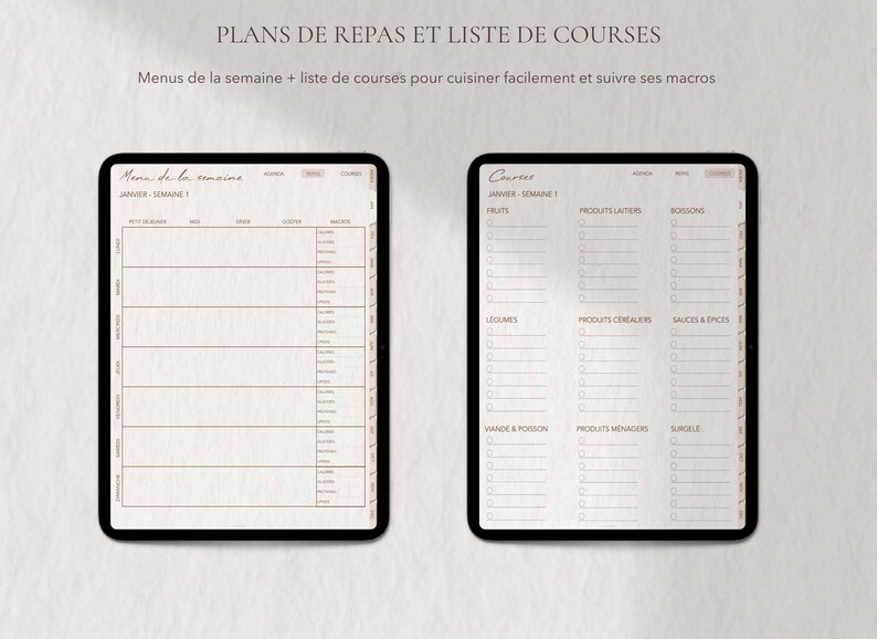 May include: Two digital tablets displaying meal planning and grocery list templates. The text at the top reads "Meal Plans and Grocery List". One tablet shows a weekly meal plan, the other a shopping list with categories.