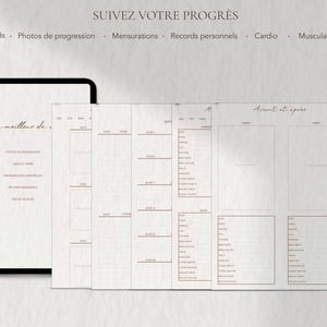 May include: A digital tablet and several open notebooks with a fitness tracking theme. The notebooks have sections for measurements, photos, and personal records. Text includes "SUIVEZ VOTRE PROGR&Egrave;S" and "Avant et apr&egrave;s."