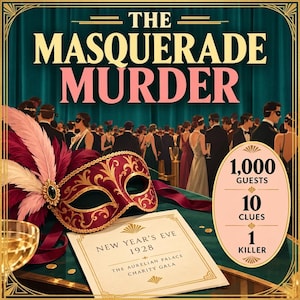 Könnte beinhalten: Ein Krimispiel-Cover mit dem Titel The Masquerade Murder, das eine rot-goldene Maskenballmaske mit rosa und weißen Federn, eine Einladung für Silvester 1928 und ein ovales Abzeichen mit 1.000 Gästen, 10 Hinweisen und 1 Mörder zeigt.