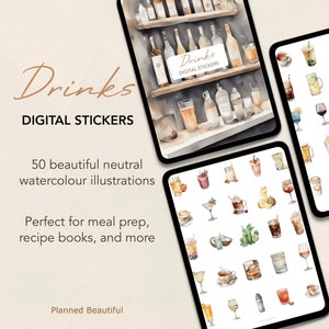 Op de afbeelding: Een digitale stickerset met 50 aquarel illustraties van drankjes. De stickers zijn perfect om een ​​tikje whimsy toe te voegen aan planners, dagboeken en kookboeken. De set bevat een verscheidenheid aan drankjes, waaronder cocktails, koffie, thee en sap.