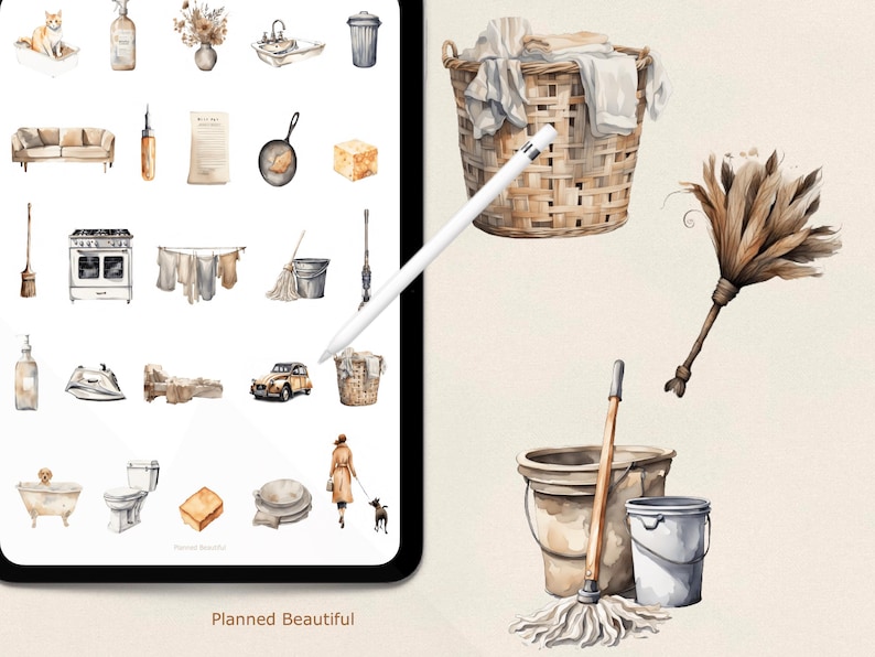 Pu&ograve; includere: Un set di illustrazioni ad acquerello di oggetti per la casa, tra cui una scopa, una paletta per la polvere, uno straccio, un secchio, un water, una vasca da bagno, un divano, una stufa, un lavandino, un bidone della spazzatura, una bottiglia di soluzione detergente, un sapone, un cesto per la biancheria, uno stendino, un'auto, un ferro da stiro, un vaso con fiori, una padella, una pagnotta di pane e un gatto. Le illustrazioni sono in uno schema di colori marrone chiaro e bianco e sono perfette per l'uso in pianificatori, diari e altri progetti creativi.
