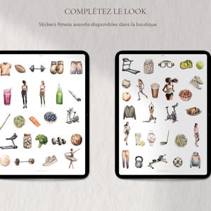 May include: Two digital tablets displaying watercolor illustrations of fitness-related items. The images include a treadmill, dumbbells, a football, a ballet dancer, a basketball, and various healthy foods. Text at the top reads "COMPL&Eacute;TEZ LE LOOK".