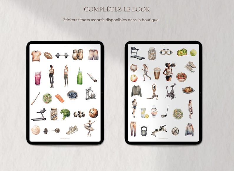 May include: Two digital tablets displaying watercolor illustrations of fitness-related items. The images include a treadmill, dumbbells, a football, a ballet dancer, a basketball, and various healthy foods. Text at the top reads "COMPL&Eacute;TEZ LE LOOK".
