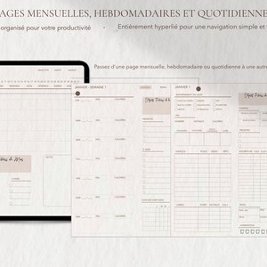 May include: Digital planner pages with monthly, weekly, and daily layouts. The pages are designed for productivity and feature a simple and easy navigation. The text includes "PAGES MENSUELLES, HEBDOMADAIRES ET QUOTIDIENNES" and "Con&ccedil;u et organis&eacute; pour votre productivit&eacute;".
