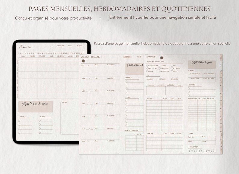 May include: Digital planner pages with monthly, weekly, and daily layouts. The pages are designed for productivity and feature a simple and easy navigation. The text includes "PAGES MENSUELLES, HEBDOMADAIRES ET QUOTIDIENNES" and "Con&ccedil;u et organis&eacute; pour votre productivit&eacute;".