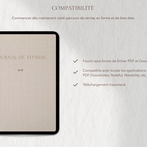 May include: A digital fitness journal displayed on a tablet. The journal cover is beige with the text "JOURNAL DE FITNESS" and a dumbbell icon. The image also includes text in French about compatibility and file formats.