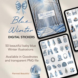 Op de afbeelding: Een digitale stickerset met 50 babyblauwe winterillustraties. De stickers zijn beschikbaar in Goodnotes en transparant PNG-formaat. De afbeelding toont een besneeuwde winterscène met een pad dat door een bos van bomen loopt. De tekst "Blue Winter Digital Stickers" wordt op de afbeelding weergegeven.