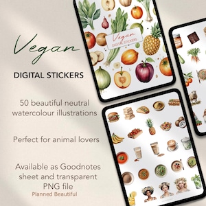 May include: Digital vegan stickers featuring watercolor illustrations of fruits, vegetables, and other food items. The image includes text that says "Vegan Digital Stickers" and "50 beautiful neutral watercolour illustrations".