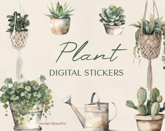 May include: A collection of watercolor-style digital stickers featuring various potted plants, hanging macrame planters, and a metal watering can. The text "Plant DIGITAL STICKERS" is centered in the middle of the arrangement.