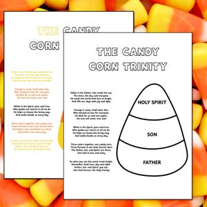 以下が含まれることがあります： The Candy Corn Trinityと題された印刷可能なアクティビティシート。三位一体についての詩と、Holy Spirit、Son、Fatherとラベル付けされた3つのセクションに分かれたキャンディコーンの大きな輪郭が黒いインクで描かれています。