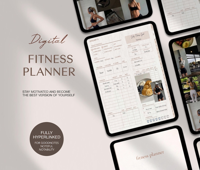 K&ouml;nnte beinhalten: Ein digitaler Fitnessplaner auf einem Tablet-Bildschirm mit Bereichen f&uuml;r t&auml;gliche Workouts, Schlafprotokolle, Mahlzeiten und Fitnessziele. Die Benutzeroberfl&auml;che enth&auml;lt Kontrollk&auml;stchen, Tabellen f&uuml;r &Uuml;bungss&auml;tze und den Text Digital Fitness Planner.