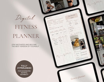 Pode incluir: Um planejador de fitness digital exibido na tela de um tablet, com seções para treinos diários, monitoramento de sono, registros de refeições e metas. A interface inclui caixas de seleção e tabelas para séries e repetições de exercícios.