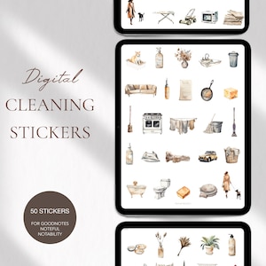 Cleaning Digital Stickers, Aesthetic Chores Digital Stickers Book, Adulting Digital Planner Stickers Sheet, Boho Goodnotes Sticker Pack