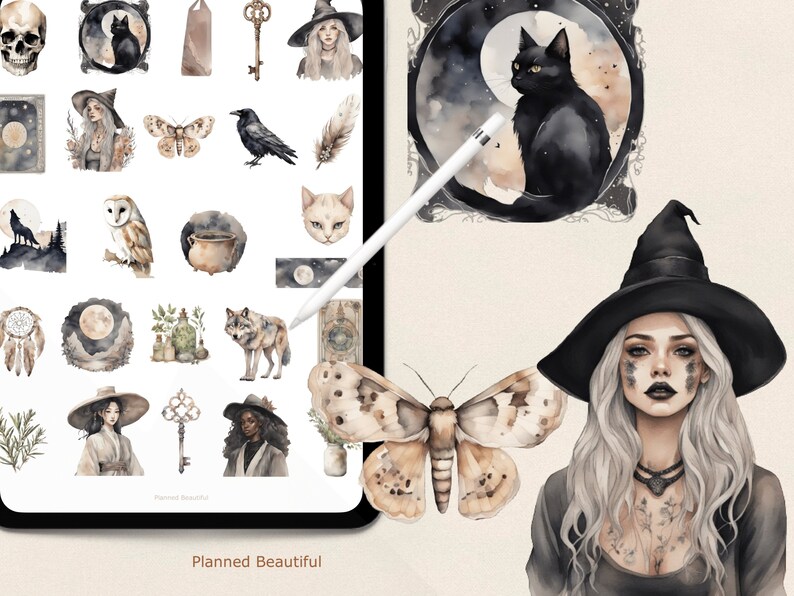 Pu&ograve; includere: Un set di adesivi digitali con illustrazioni ad acquerello di una strega, un gatto, un lupo, una falena, un corvo, un calderone, una chiave, una luna, una piuma, un teschio, un acchiappasogni, una pianta e un gufo. Gli adesivi sono progettati in uno stile scuro e stravagante con una tavolozza di colori tenui di nero, bianco e marrone.