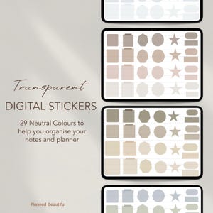 May include: Set of digital stickers featuring 29 neutral colors in various shapes, including squares, circles, stars, and rectangles. The stickers are transparent and can be used to organize notes and planners.