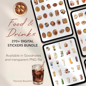 Könnte beinhalten: Ein digitales Sticker-Paket mit über 270 Aquarell-Illustrationen von Speisen und Getränken. Die Sticker sind in den Formaten Goodnotes und transparentes PNG verfügbar. Das Bild zeigt eine Vielzahl von Speisen und Getränken, darunter Kaffee, Tee, Gebäck und Sandwiches.