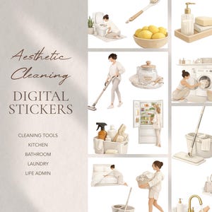 May include: Digital stickers with an aesthetic cleaning theme. The image features illustrations of cleaning tools, kitchen items, bathroom scenes, laundry tasks, and life admin activities. Text on the image reads "Aesthetic Cleaning DIGITAL STICKERS".
